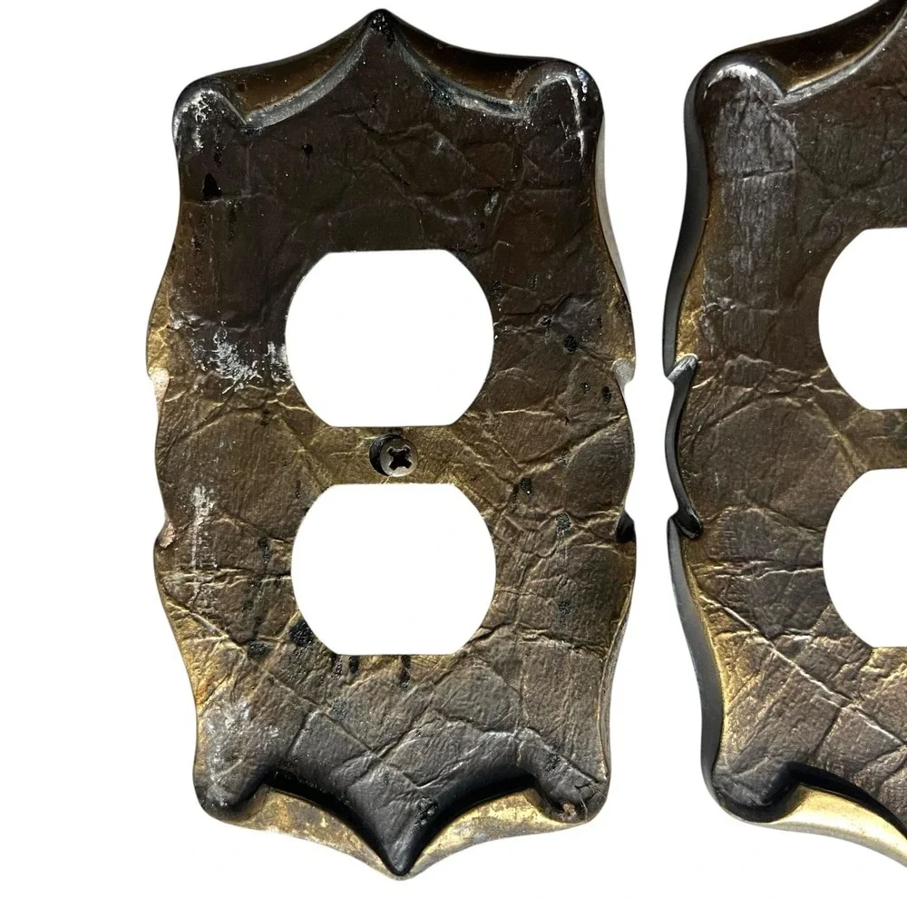 Antique VTG Amerock Brass c1970 Double Switch Plate Cover Rustic 6 in Set of 2